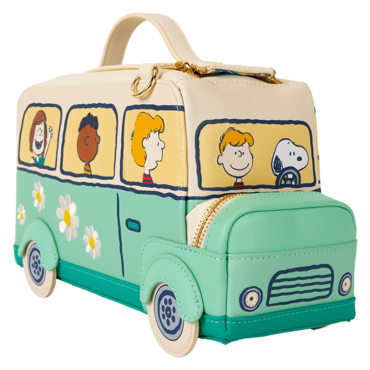 Loungefly Peanuts Gang Road Trip Bus Light Up Figural Crossbody Bag with Adjustable Strap - Green/Beige