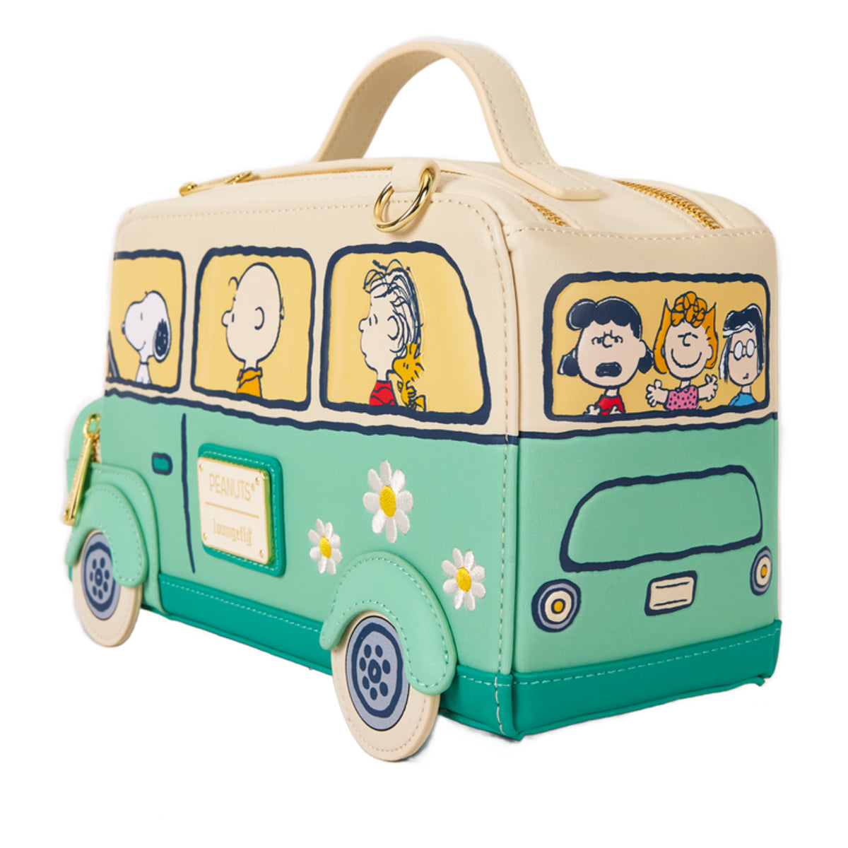 Loungefly Peanuts Gang Road Trip Bus Light Up Figural Crossbody Bag with Adjustable Strap - Green/Beige