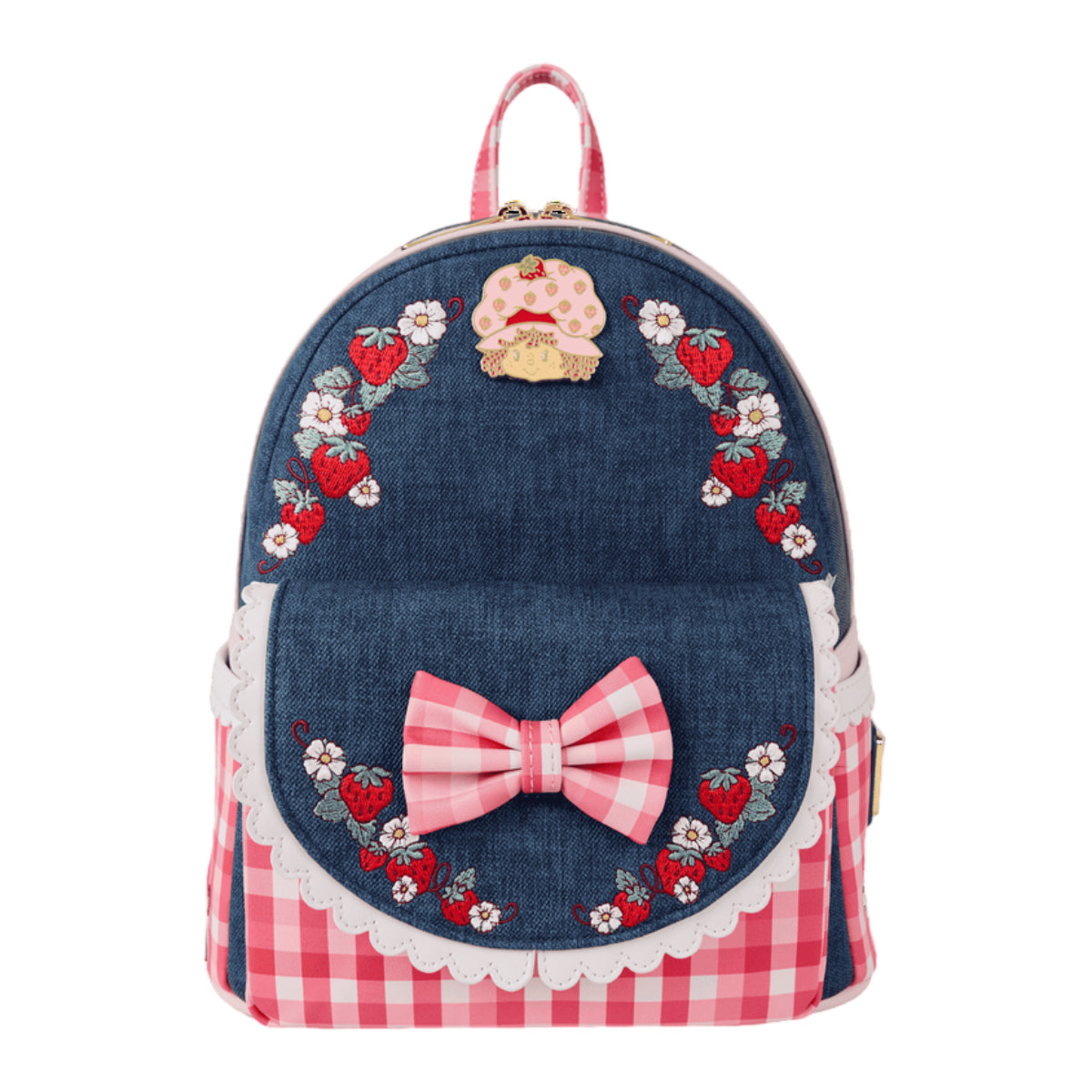 Loungefly Strawberry Shortcake Denim Gingham Mini Backpack with Adjustable Strap - Blue/Pink