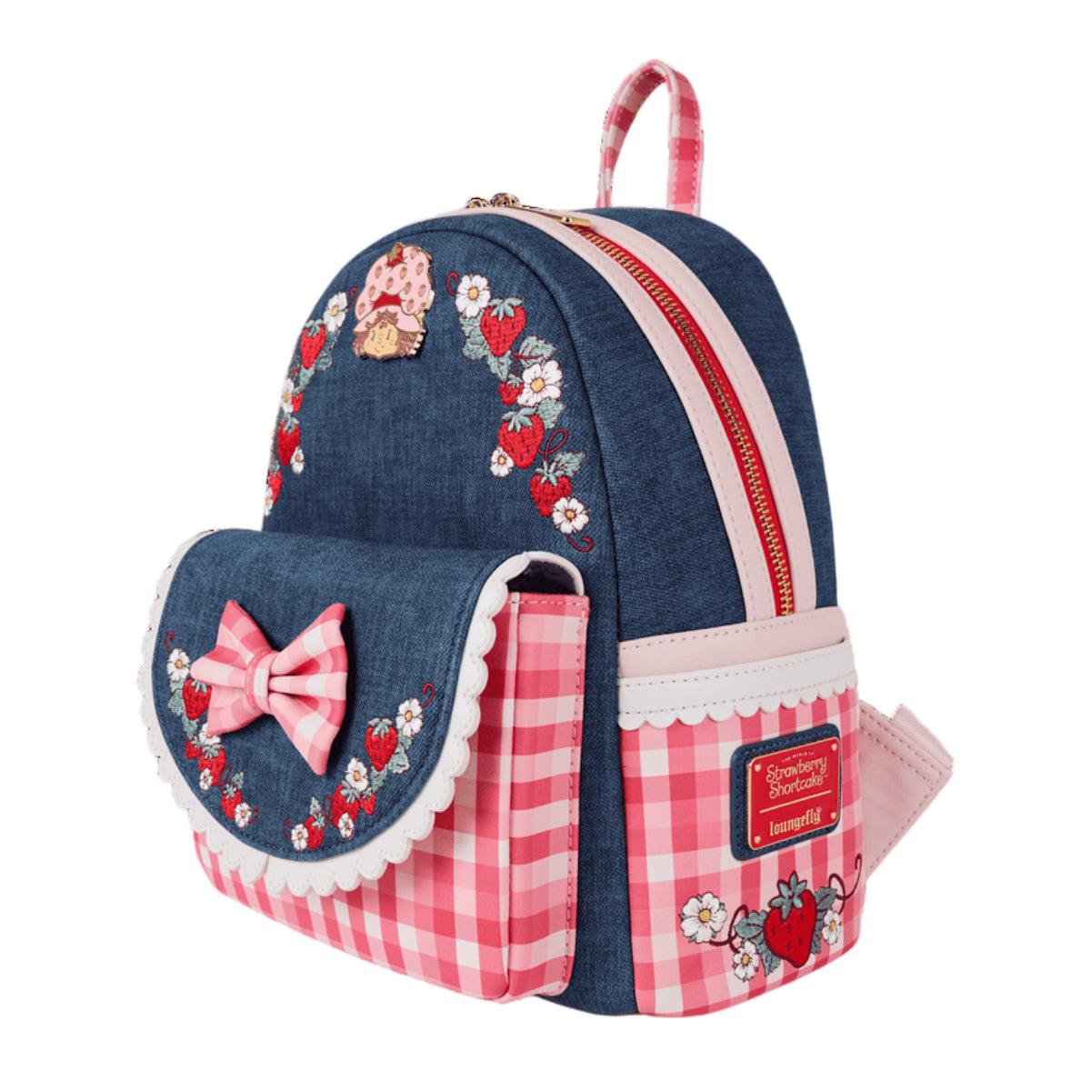 Loungefly Strawberry Shortcake Denim Gingham Mini Backpack with Adjustable Strap - Blue/Pink