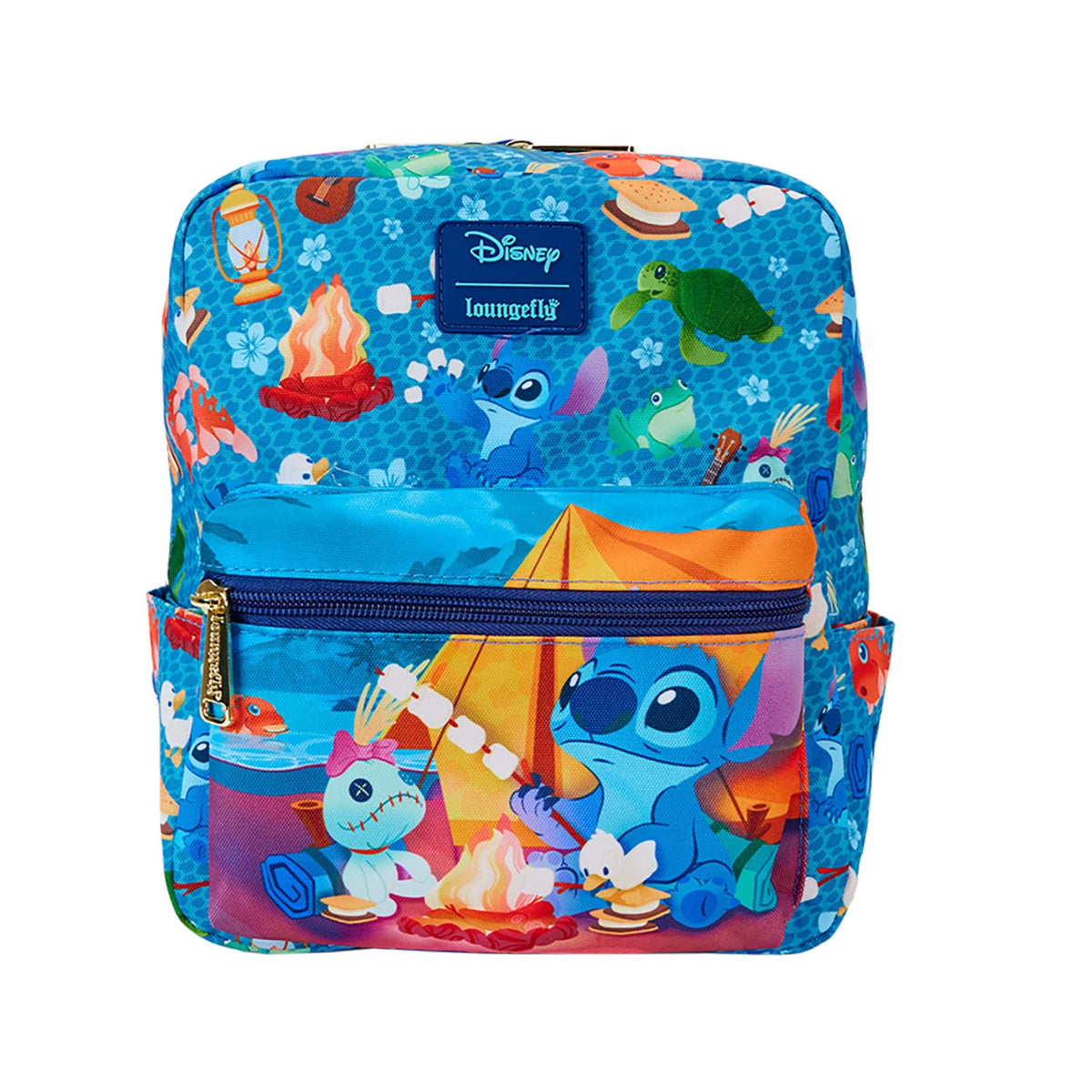 Loungefly Disney Stitch Camping Cuties All-Over Print Square Mini Backpack with Adjustable Strap - Blue
