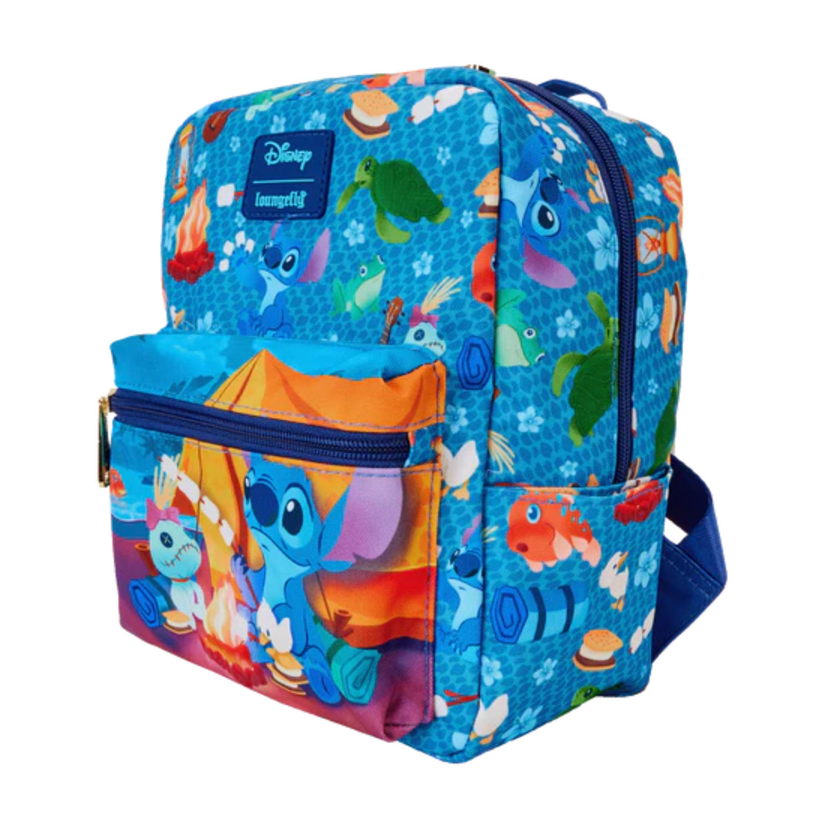 Loungefly Disney Stitch Camping Cuties All-Over Print Square Mini Backpack with Adjustable Strap - Blue