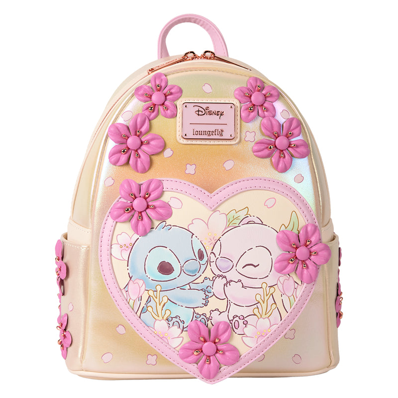 Loungefly Disney Stitch and Angel Cherry Blossom Heart Mini Backpack with Adjustable Strap - Gold