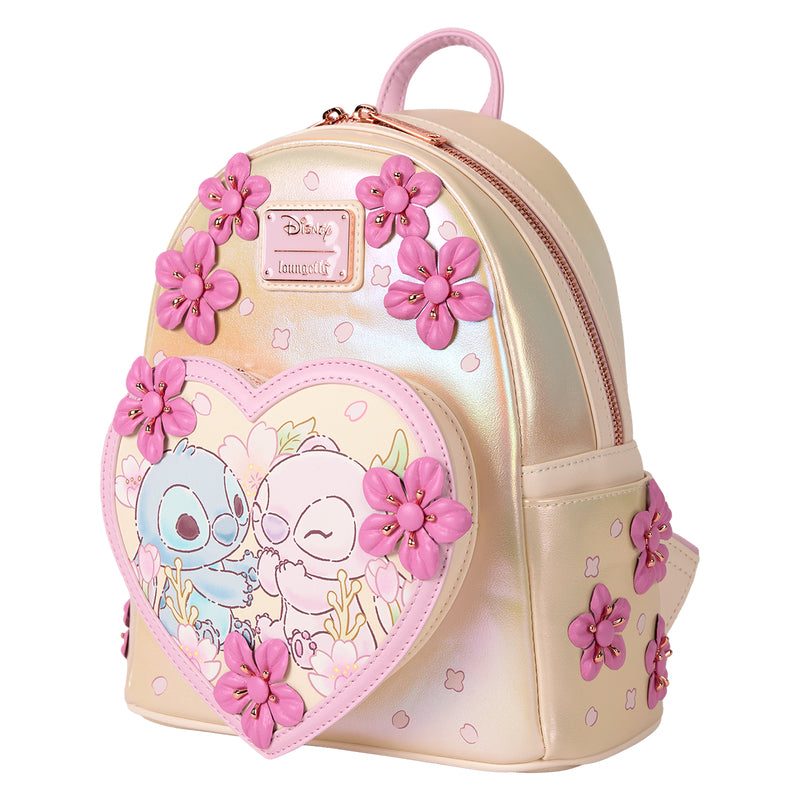 Loungefly Disney Stitch and Angel Cherry Blossom Heart Mini Backpack with Adjustable Strap - Gold