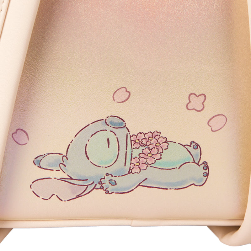 Loungefly Disney Stitch and Angel Cherry Blossom Heart Mini Backpack with Adjustable Strap - Gold