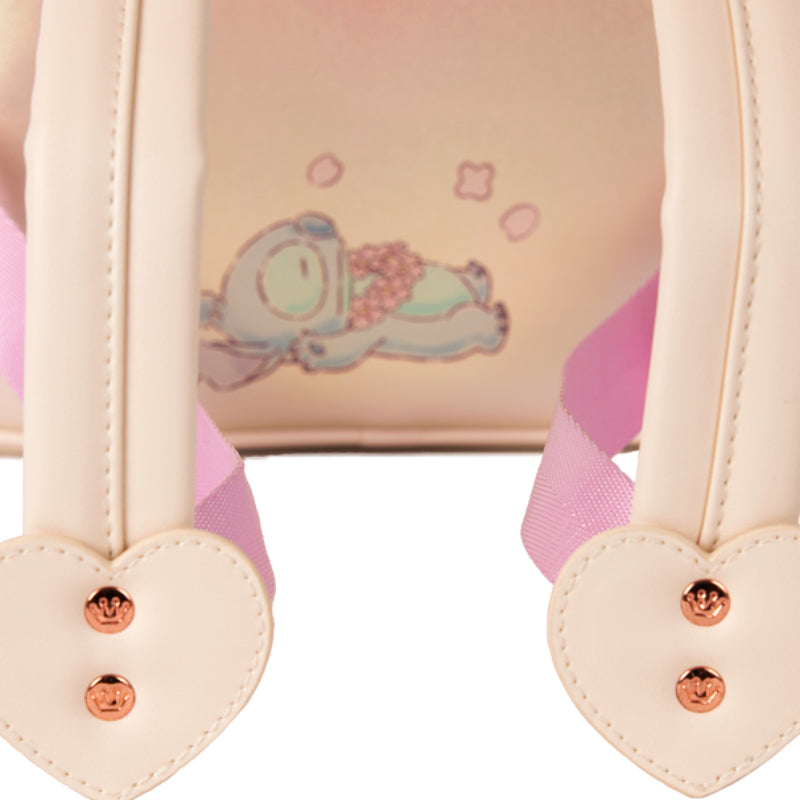 Loungefly Disney Stitch and Angel Cherry Blossom Heart Mini Backpack with Adjustable Strap - Gold