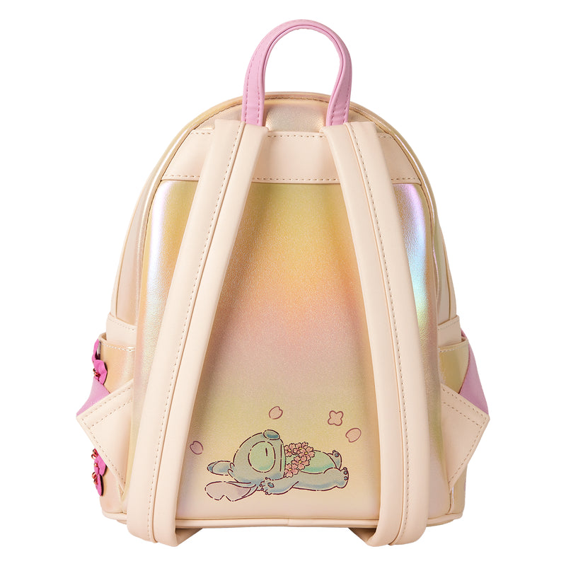 Loungefly Disney Stitch and Angel Cherry Blossom Heart Mini Backpack with Adjustable Strap - Gold