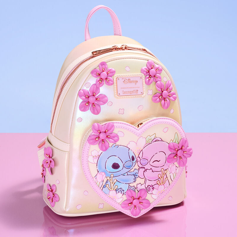 Loungefly Disney Stitch and Angel Cherry Blossom Heart Mini Backpack with Adjustable Strap - Gold