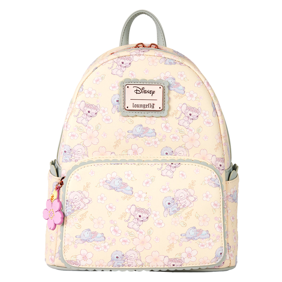 Loungefly Disney Stitch and Angel Cherry Blossom All-Over Print Mini Backpack with Adjustable Strap - Beige
