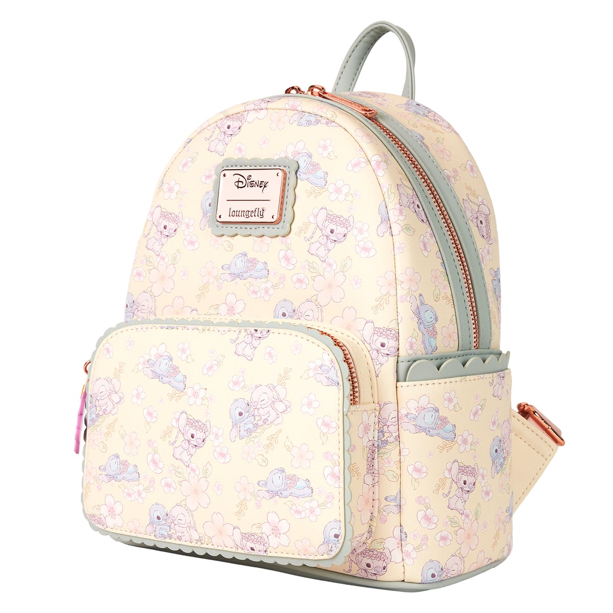 Loungefly Disney Stitch and Angel Cherry Blossom All-Over Print Mini Backpack with Adjustable Strap - Beige