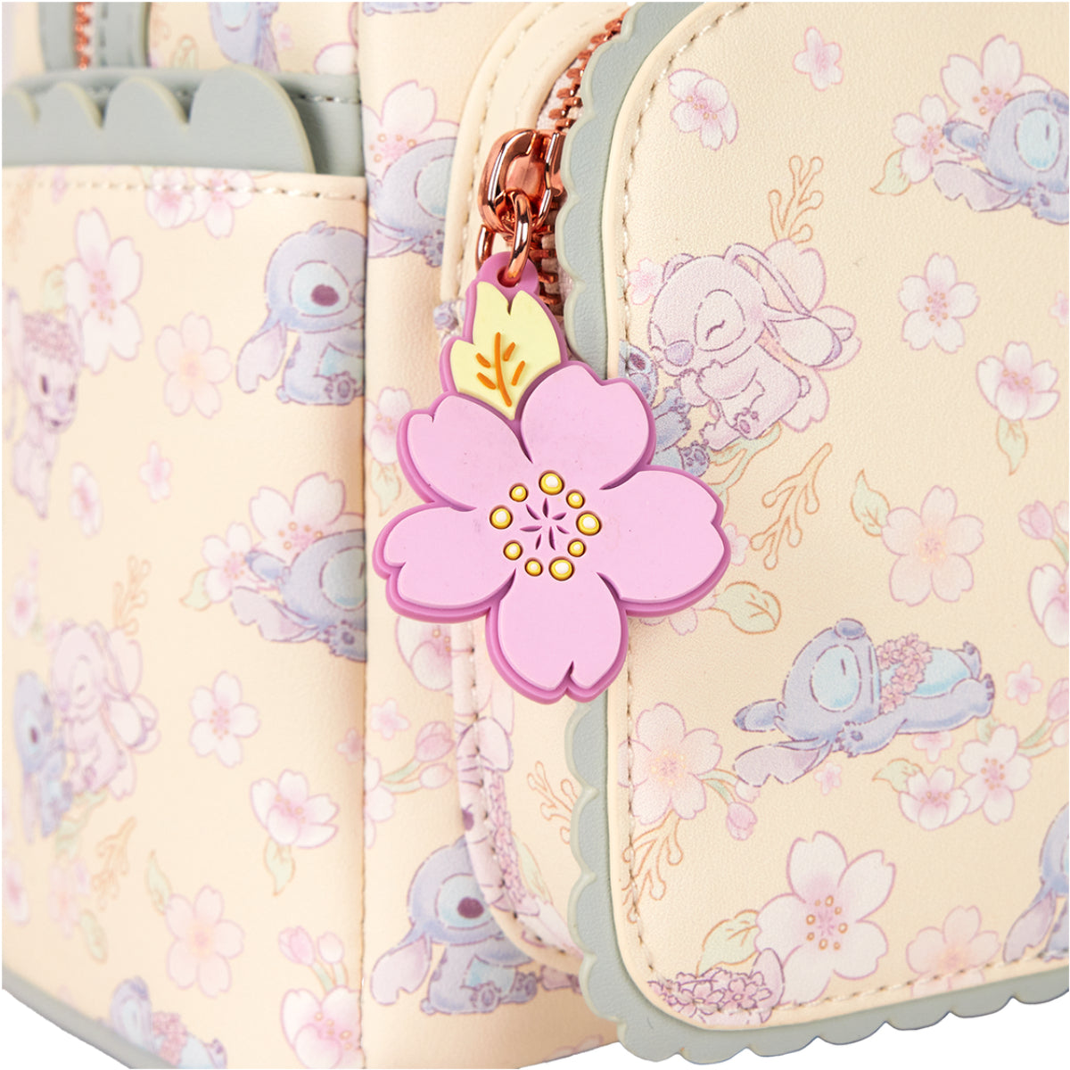 Loungefly Disney Stitch and Angel Cherry Blossom All-Over Print Mini Backpack with Adjustable Strap - Beige