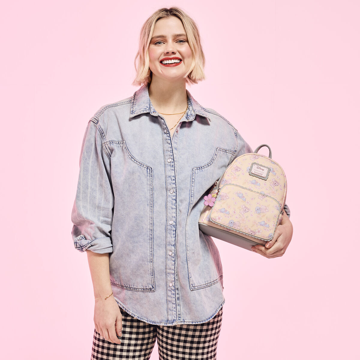 Loungefly Disney Stitch and Angel Cherry Blossom All-Over Print Mini Backpack with Adjustable Strap - Beige