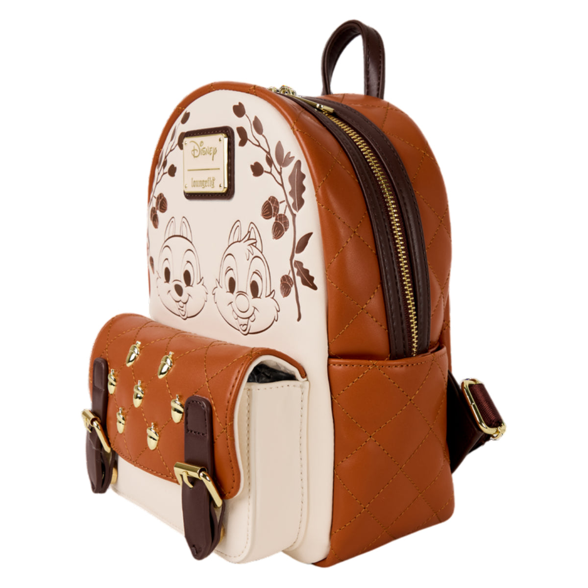Loungefly Disney Chip 'n' Dale Acorn Quilted Mini Backpack with Adjustable Strap - Beige/Brown