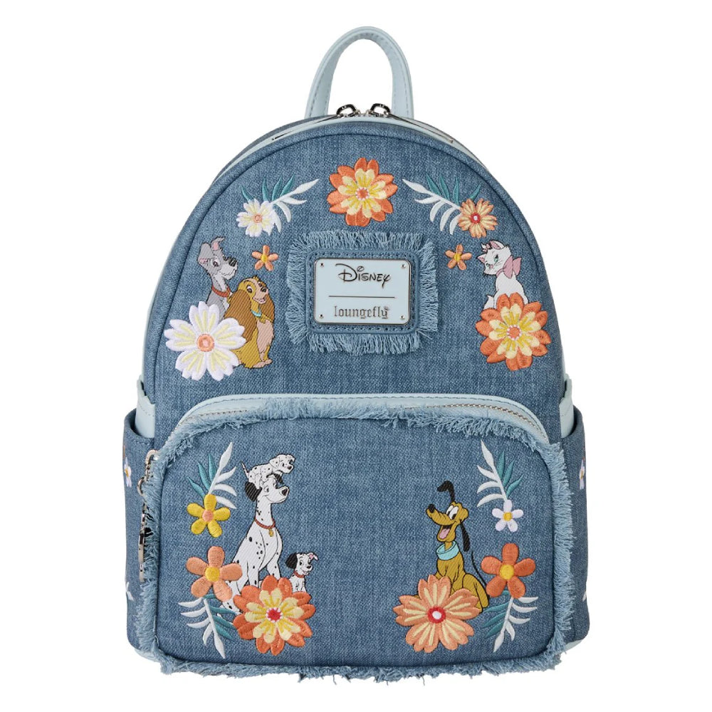 Loungefly Disney Dogs & Cats Floral Faux Denim Fringe Mini Backpack - Blue