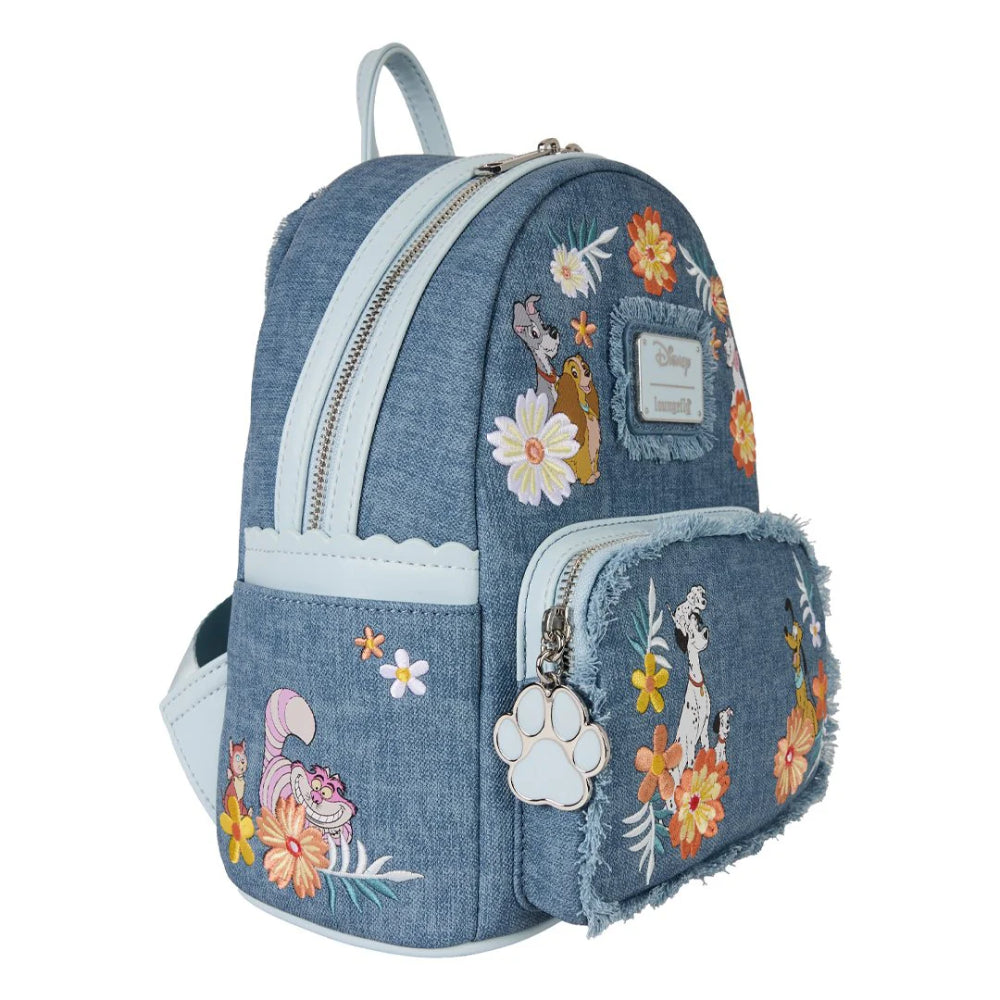 Loungefly Disney Dogs & Cats Floral Faux Denim Fringe Mini Backpack - Blue