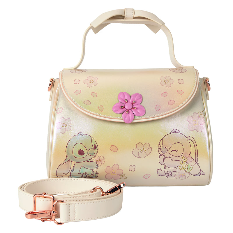 Loungefly Disney Stitch and Angel Cherry Blossom Bow Handle Crossbody Bag with Adjustable Strap - Gold
