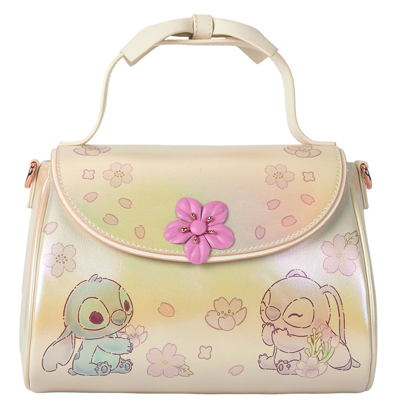 Loungefly Disney Stitch and Angel Cherry Blossom Bow Handle Crossbody Bag with Adjustable Strap - Gold