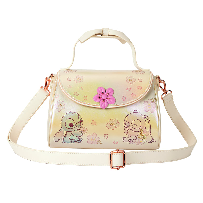 Loungefly Disney Stitch and Angel Cherry Blossom Bow Handle Crossbody Bag with Adjustable Strap - Gold
