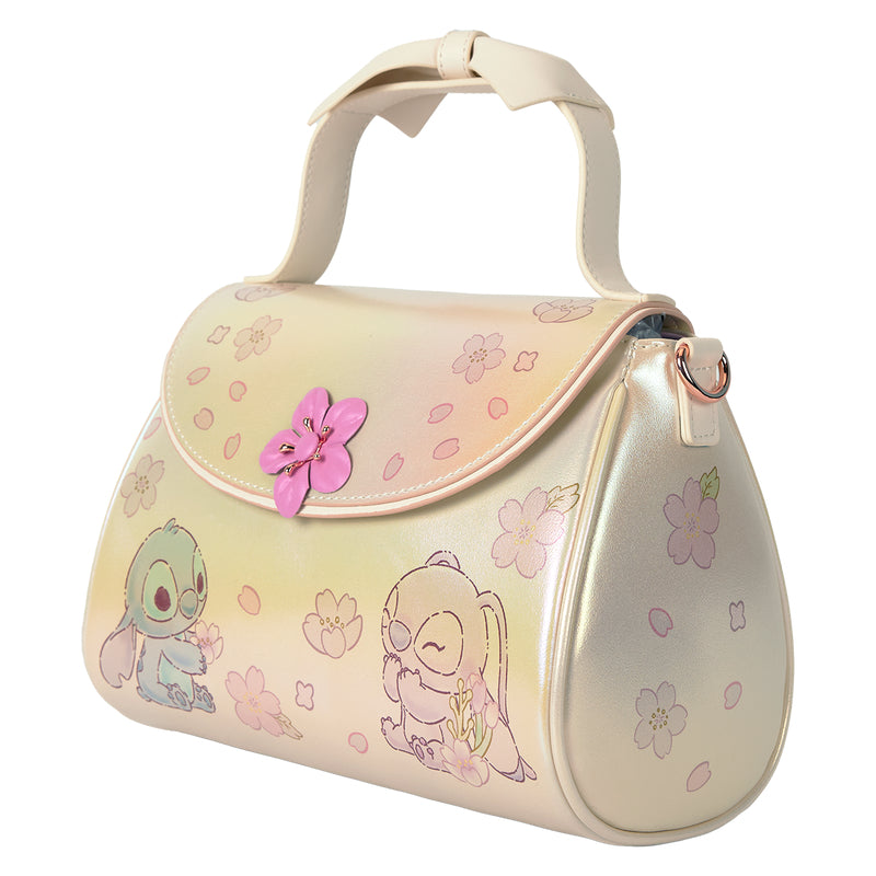 Loungefly Disney Stitch and Angel Cherry Blossom Bow Handle Crossbody Bag with Adjustable Strap - Gold