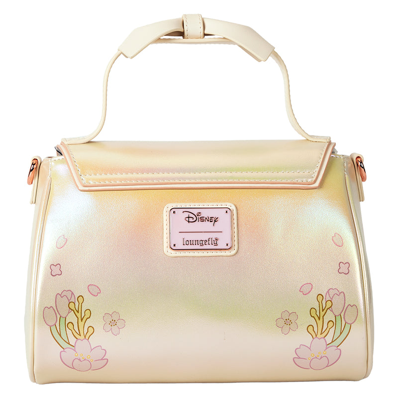 Loungefly Disney Stitch and Angel Cherry Blossom Bow Handle Crossbody Bag with Adjustable Strap - Gold