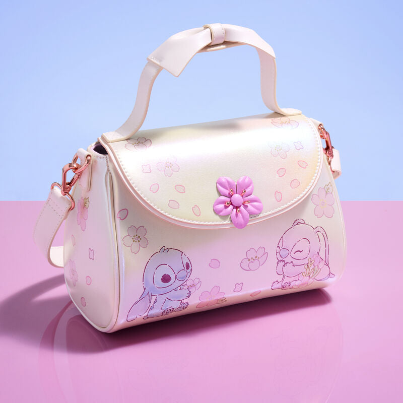 Loungefly Disney Stitch and Angel Cherry Blossom Bow Handle Crossbody Bag with Adjustable Strap - Gold