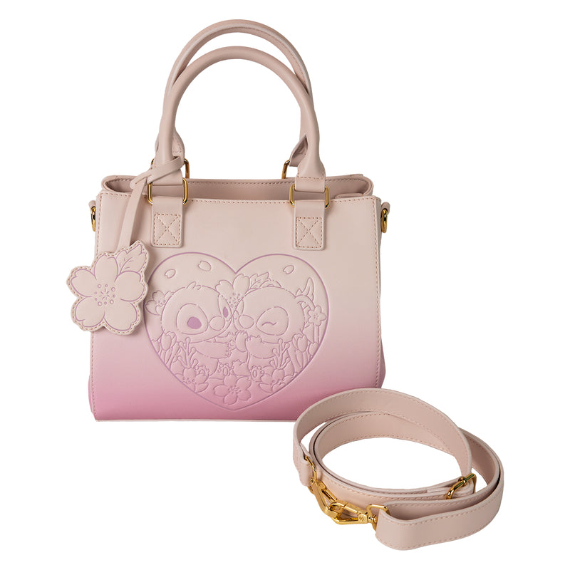 Loungefly Disney Stitch and Angel Cherry Blossom Heart Crossbody Bag with Adjustable Strap - Pink