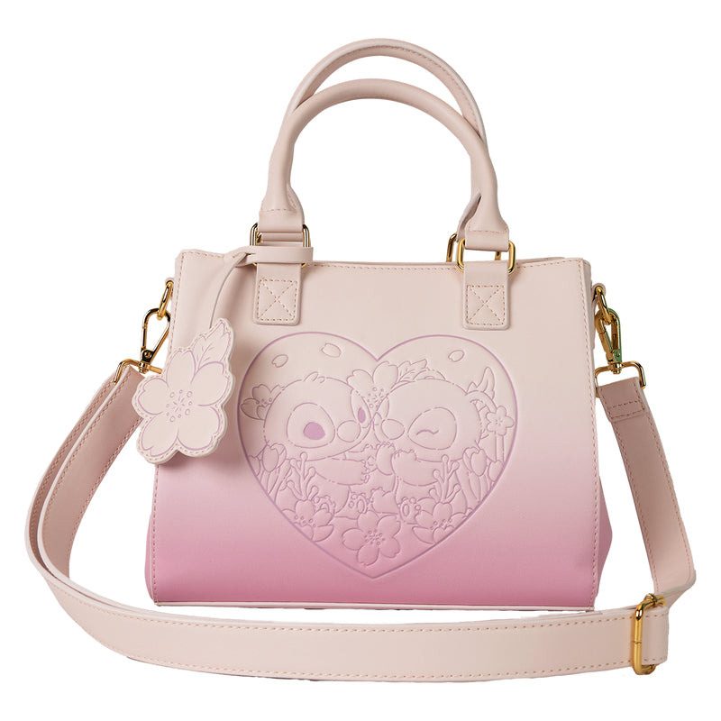 Loungefly Disney Stitch and Angel Cherry Blossom Heart Crossbody Bag with Adjustable Strap - Pink