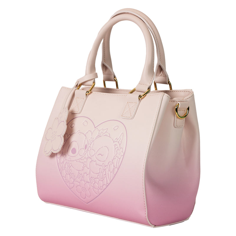 Loungefly Disney Stitch and Angel Cherry Blossom Heart Crossbody Bag with Adjustable Strap - Pink