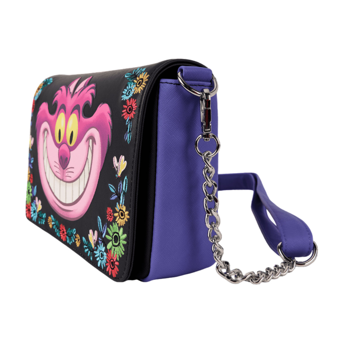 Loungefly Alice in Wonderland Cheshire Cat Tulgey Wood Crossbody Bag with Adjustable Strap - Black/Blue