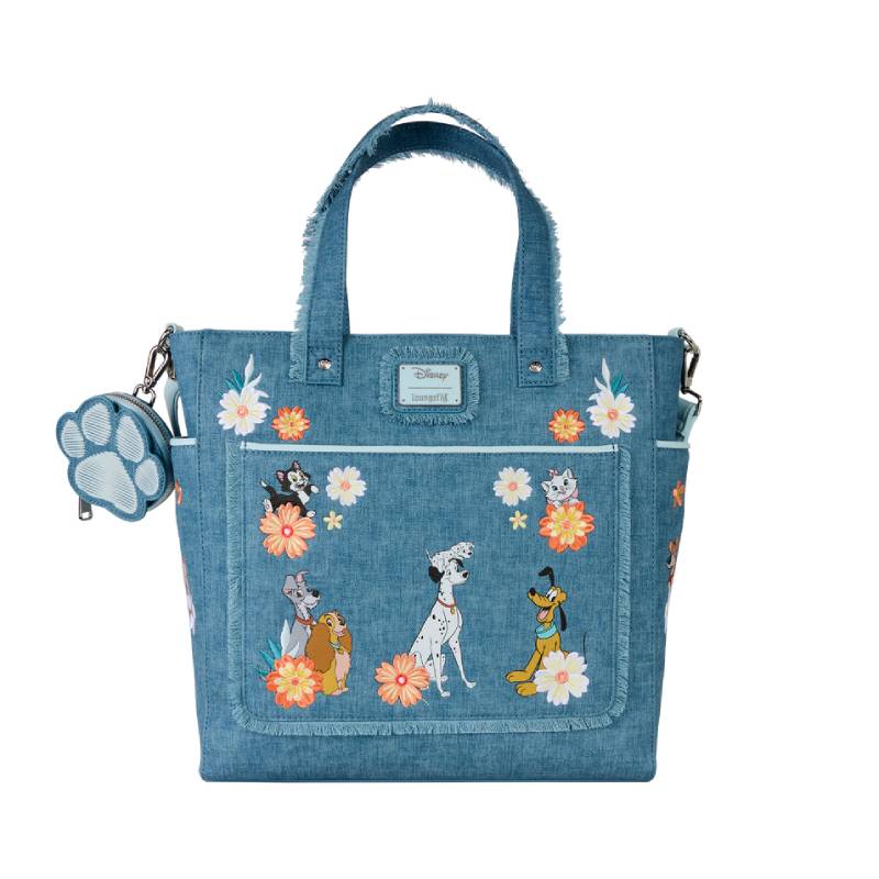 Loungefly Disney Dogs and Cats Floral Convertible Tote Bag with Coin Bag - Blue