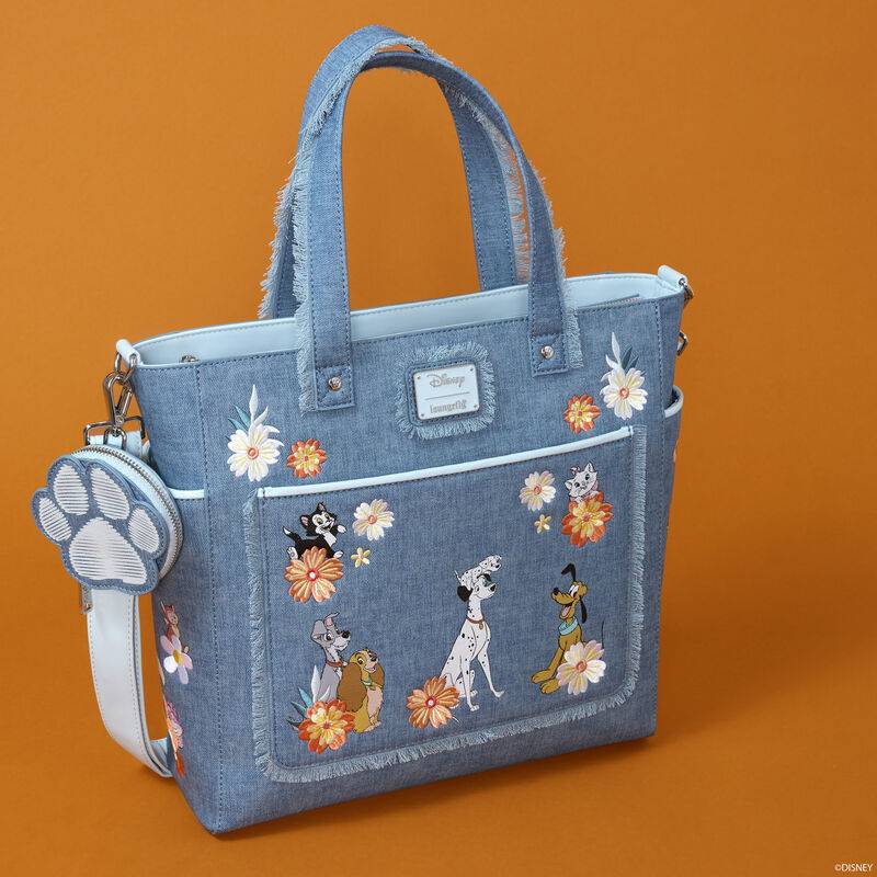 Loungefly Disney Dogs and Cats Floral Convertible Tote Bag with Coin Bag - Blue