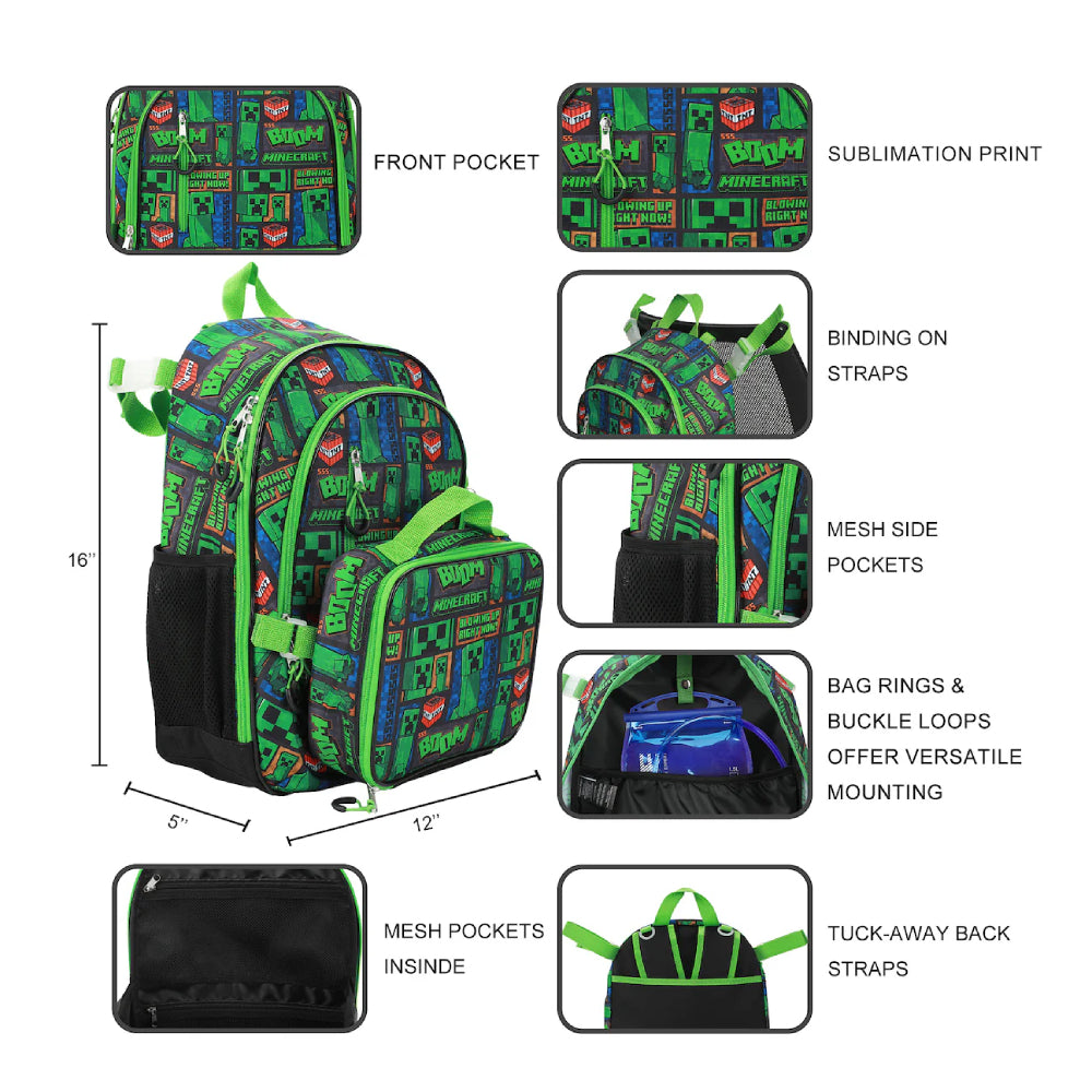 Bioworld Minecraft Creeper Blowing Up Right Now (5-Piece) Backpack and Lunchbox Set - Green