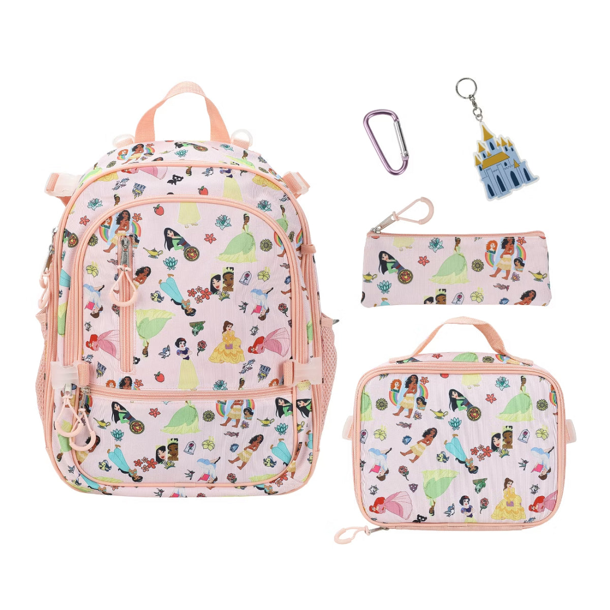 Bioworld Disney Princesses 16" kids girls Adaptive Backpack & Lunch Box Combo Set (4-Piece) - Pink