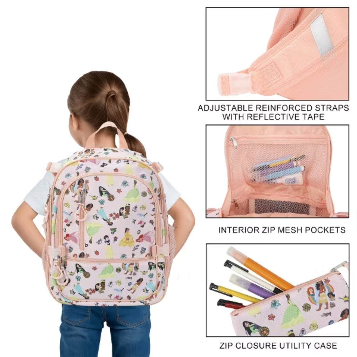 Bioworld Disney Princesses 16" kids girls Adaptive Backpack & Lunch Box Combo Set (4-Piece) - Pink