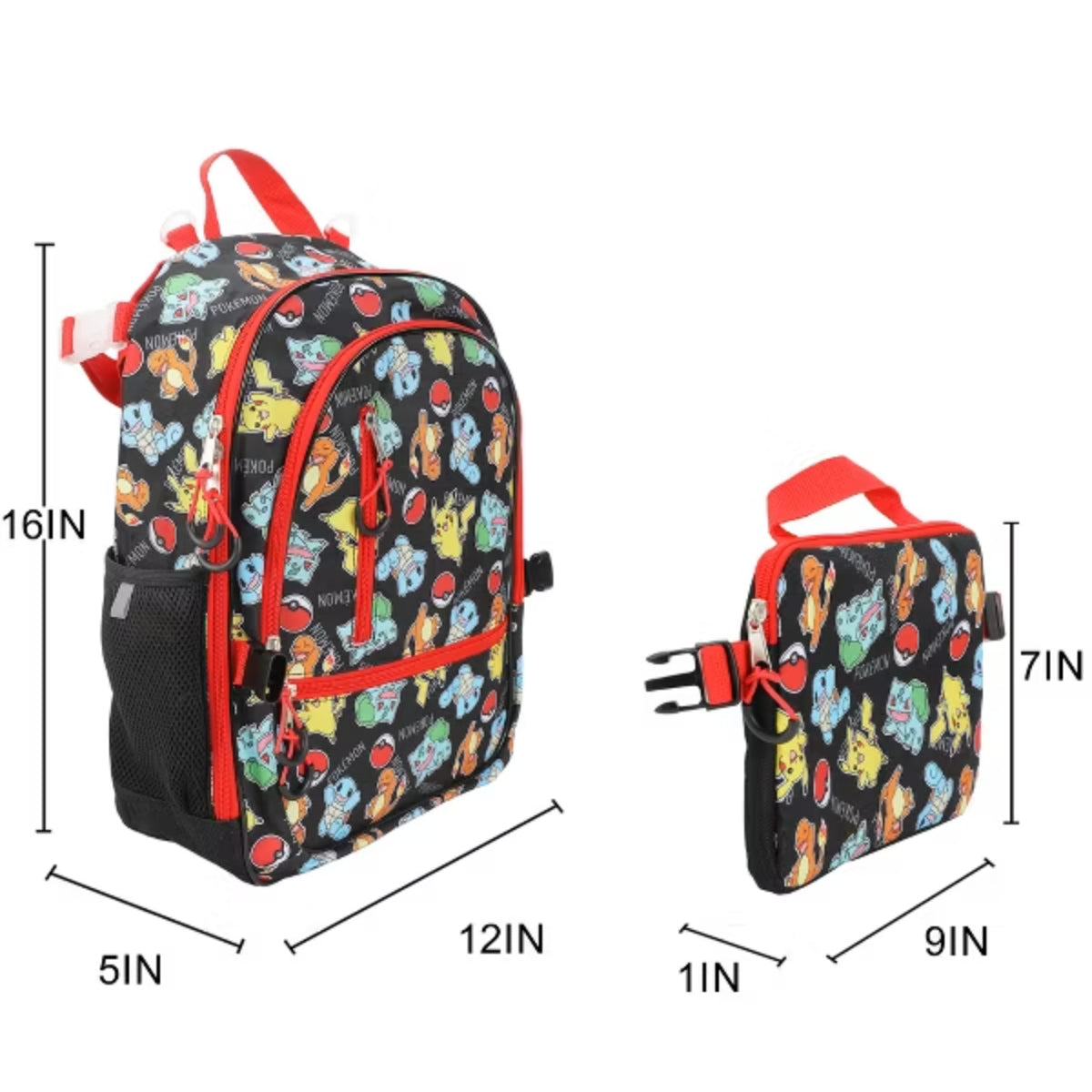 Bioworld Pokemon Starters & Pokeballs All-Over Print 16" Backpack & Lunch Kit Value Set (2-Piece)