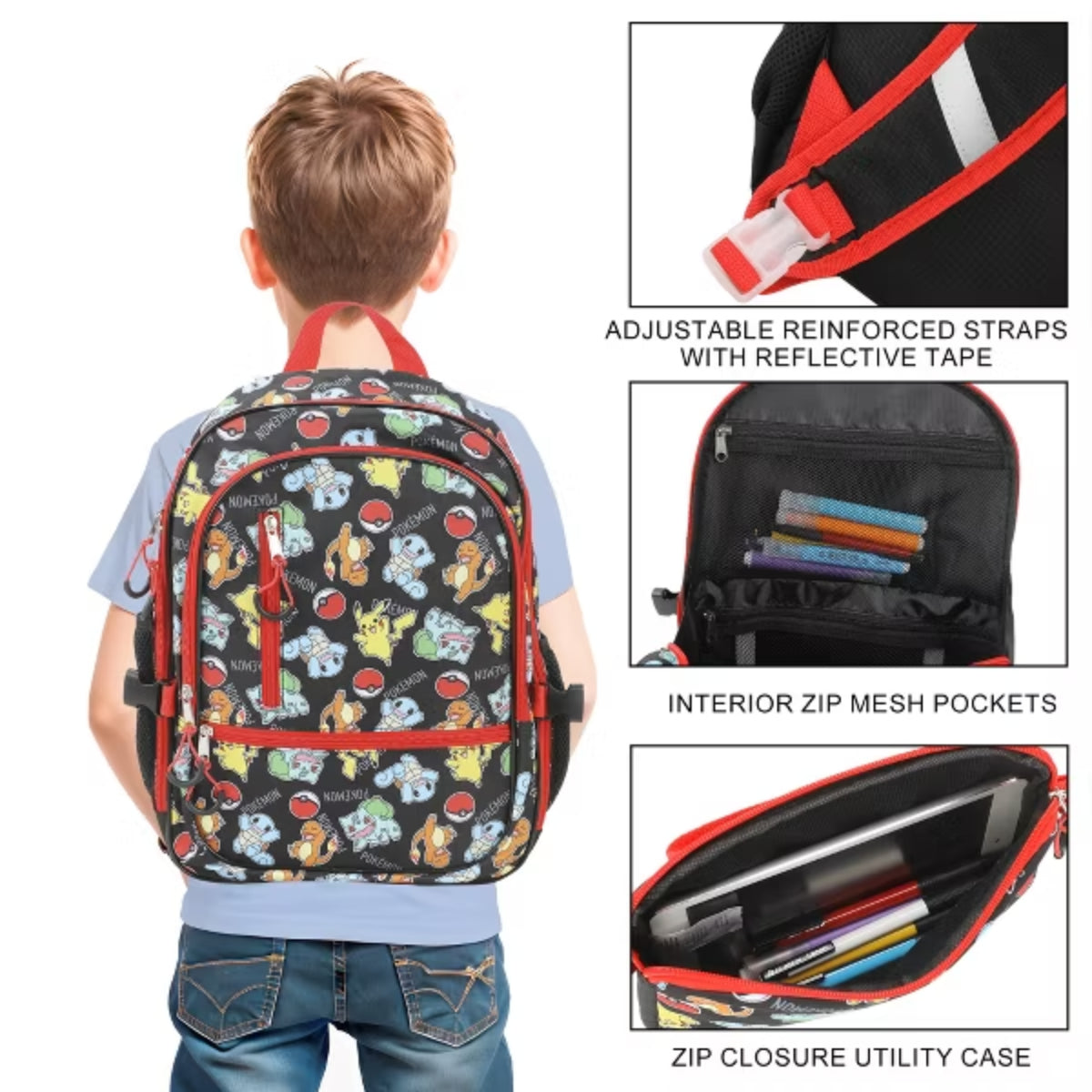 Bioworld Pokemon Starters & Pokeballs All-Over Print 16" Backpack & Lunch Kit Value Set (2-Piece)