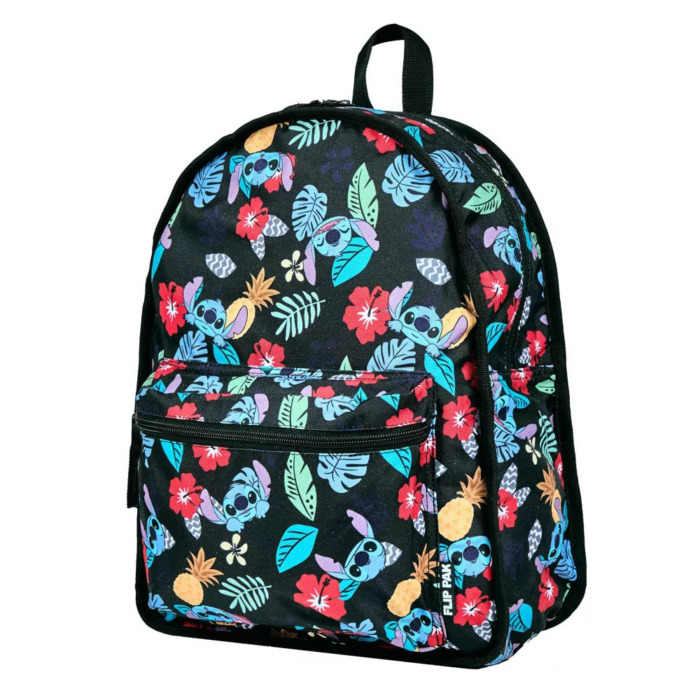 Disney Stitch Plush Character and Tropical Print 16.5" Flip Pak Reversible Backpack