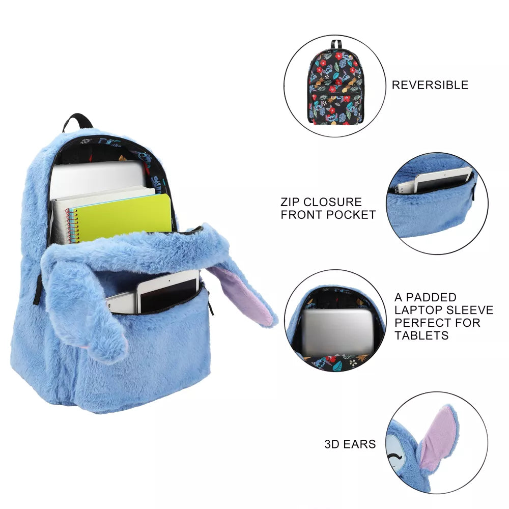 Disney Stitch Plush Character and Tropical Print 16.5" Flip Pak Reversible Backpack