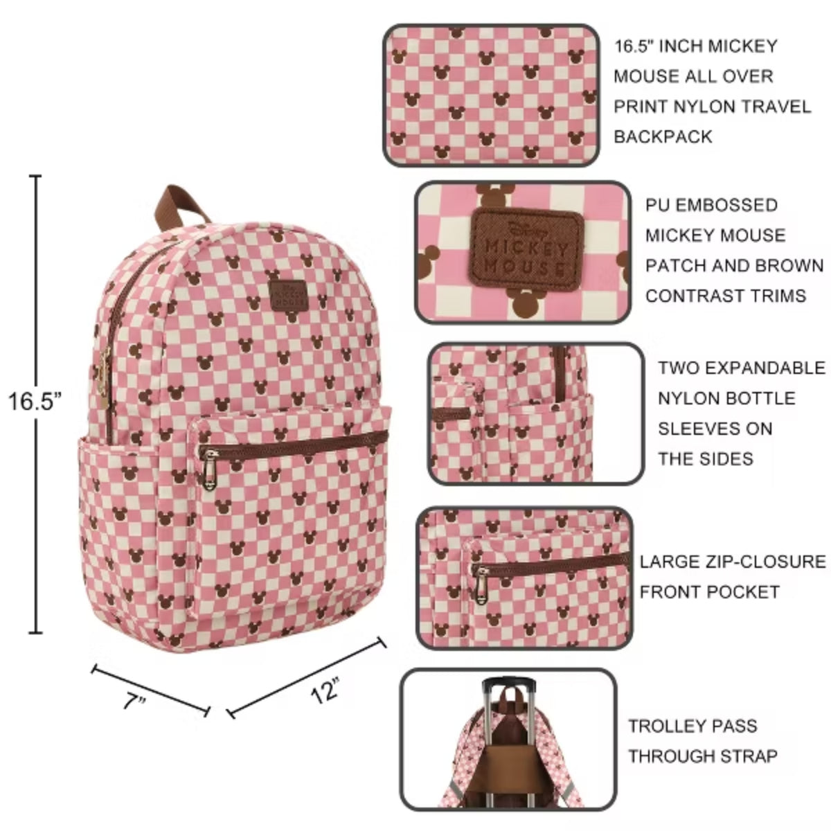 Bioworld Disney Mickey Mouse Checkered 16.5" Adult Travel Backpack - Pink