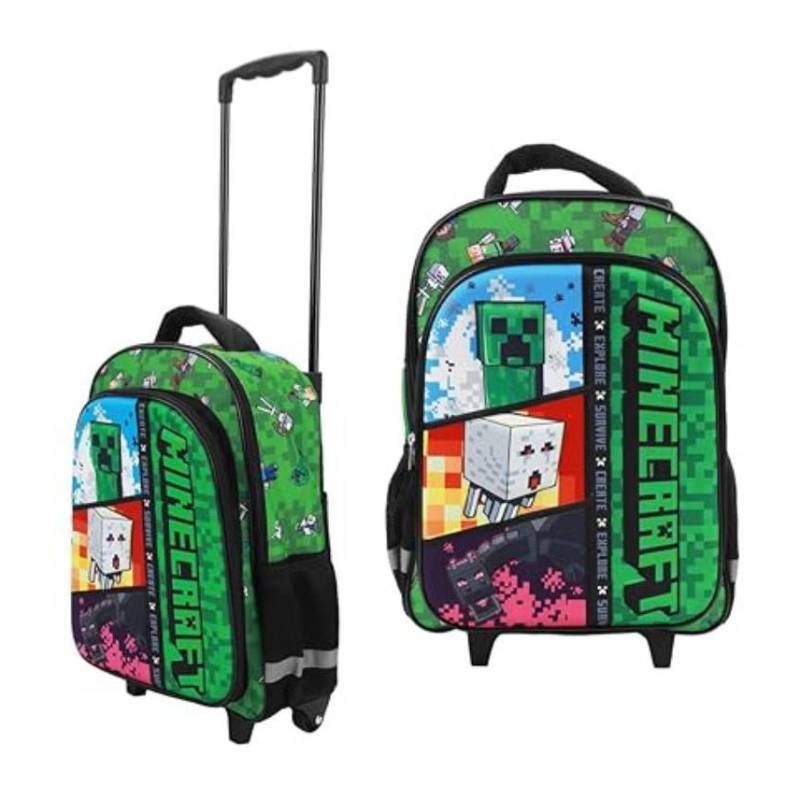 Bioworld Minecraft 16" Rolling Backpack with Handle - Green