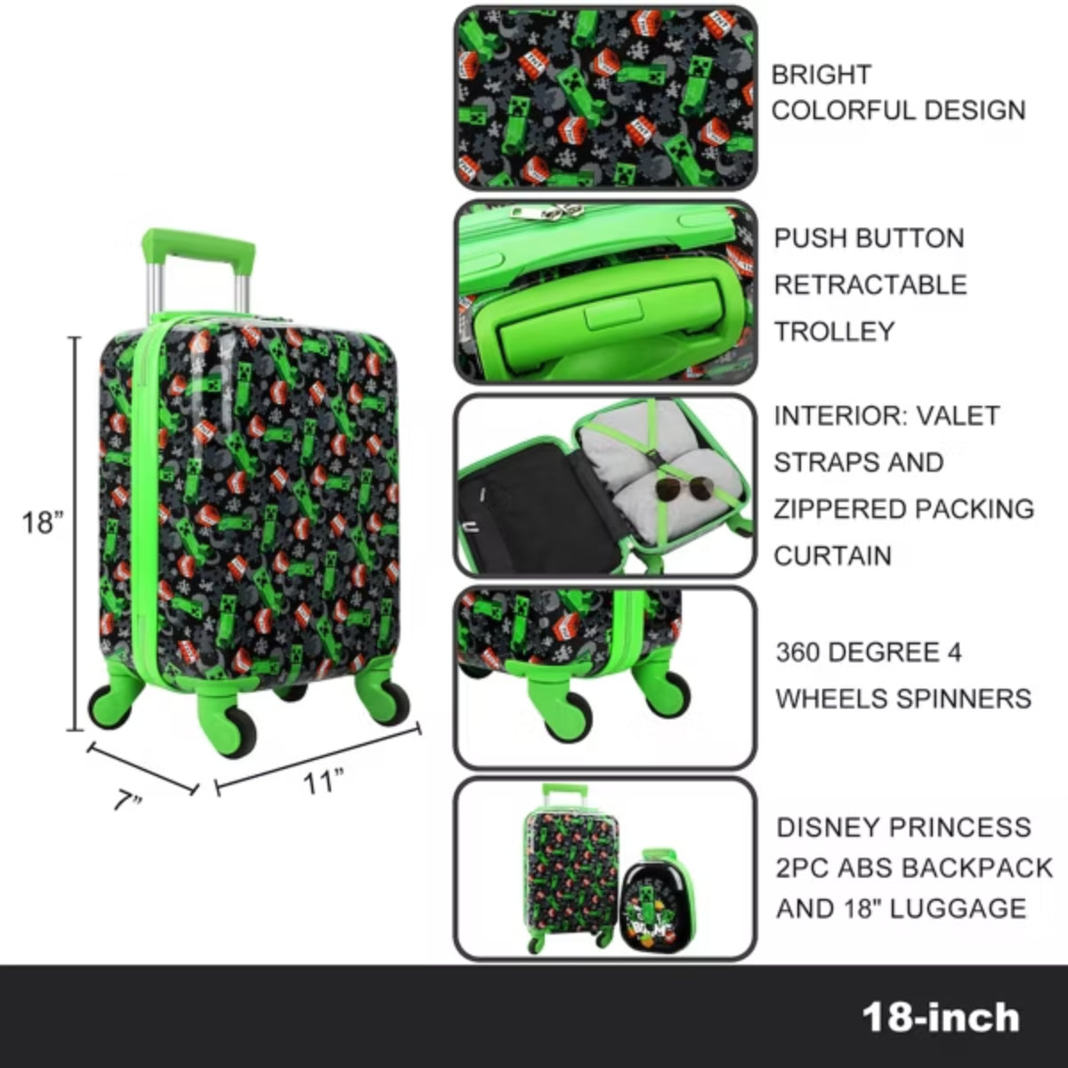 Bioworld Minecraft Creepers Backpack and Luggage Set (2-Piece) - Green/Black