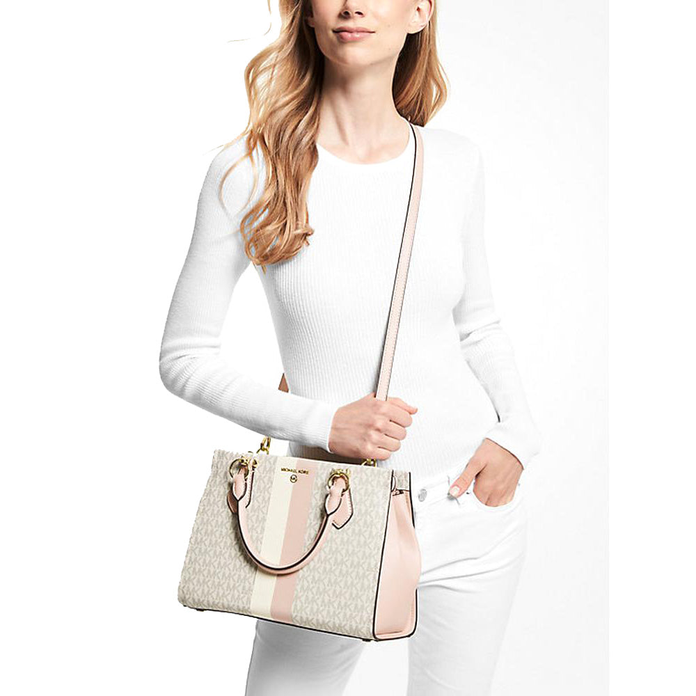 Michael Kors Marilyn Medium Logo Stripe Satchel Bag - Beige
