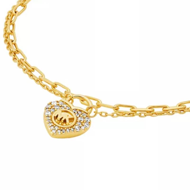 Michael Kors Women's Cubic Zirconia Double Layer Heart Lock Chain Bracelet in Gold