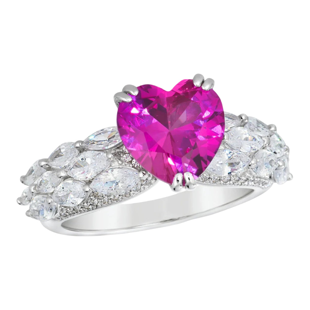 Anna Zuckerman Women's 3 ct. Diamond Crystalline and Pink Sapphire Heart Ring in Platinum-Plating over 925 Sterling Silver
