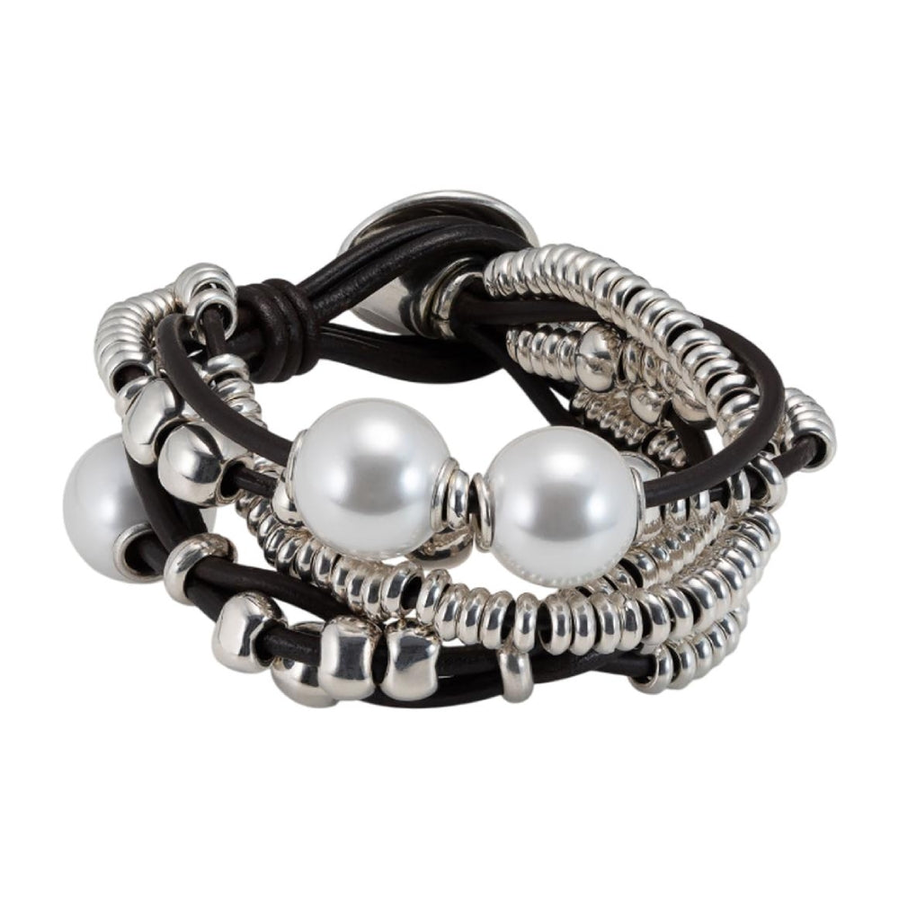 UNOde50 Orion Women's White Pearl Shell Leather Beaded Bracelet in Sterling Silver-Plating over Metal