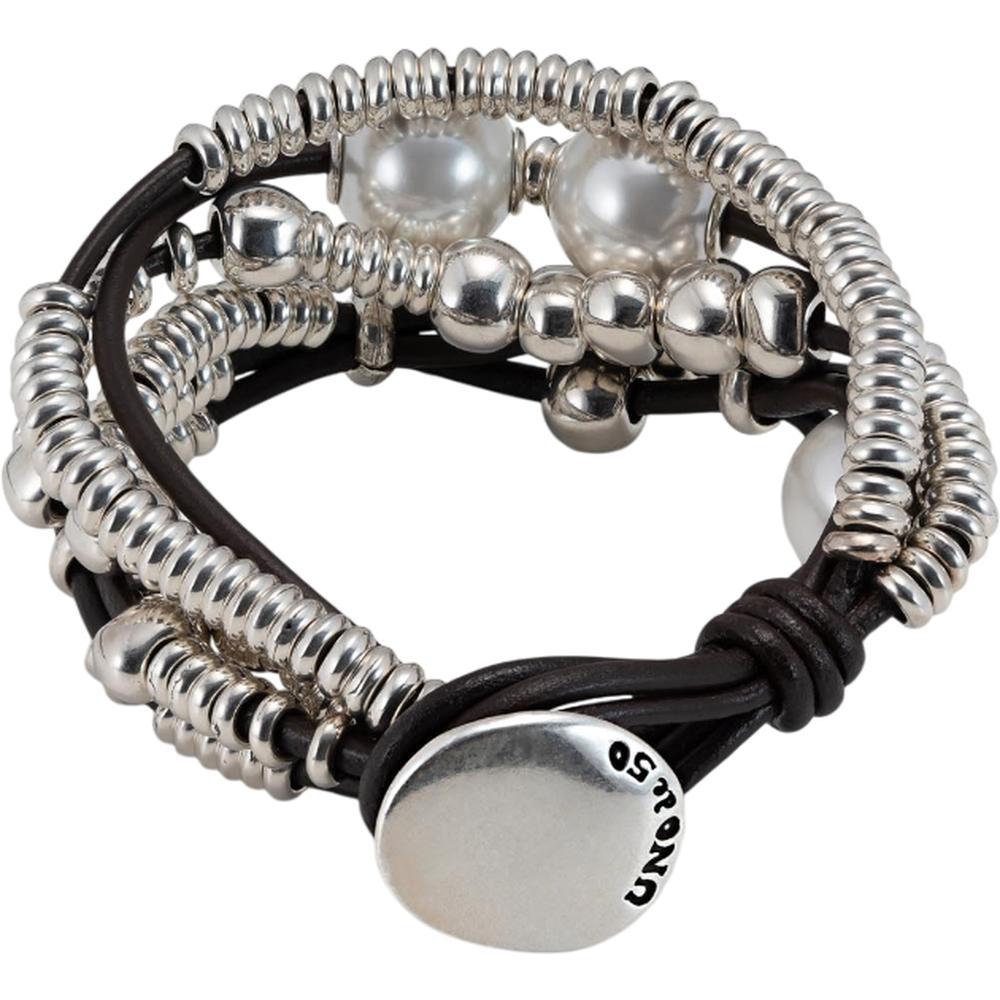 UNOde50 Orion Women's White Pearl Shell Leather Beaded Bracelet in Sterling Silver-Plating over Metal