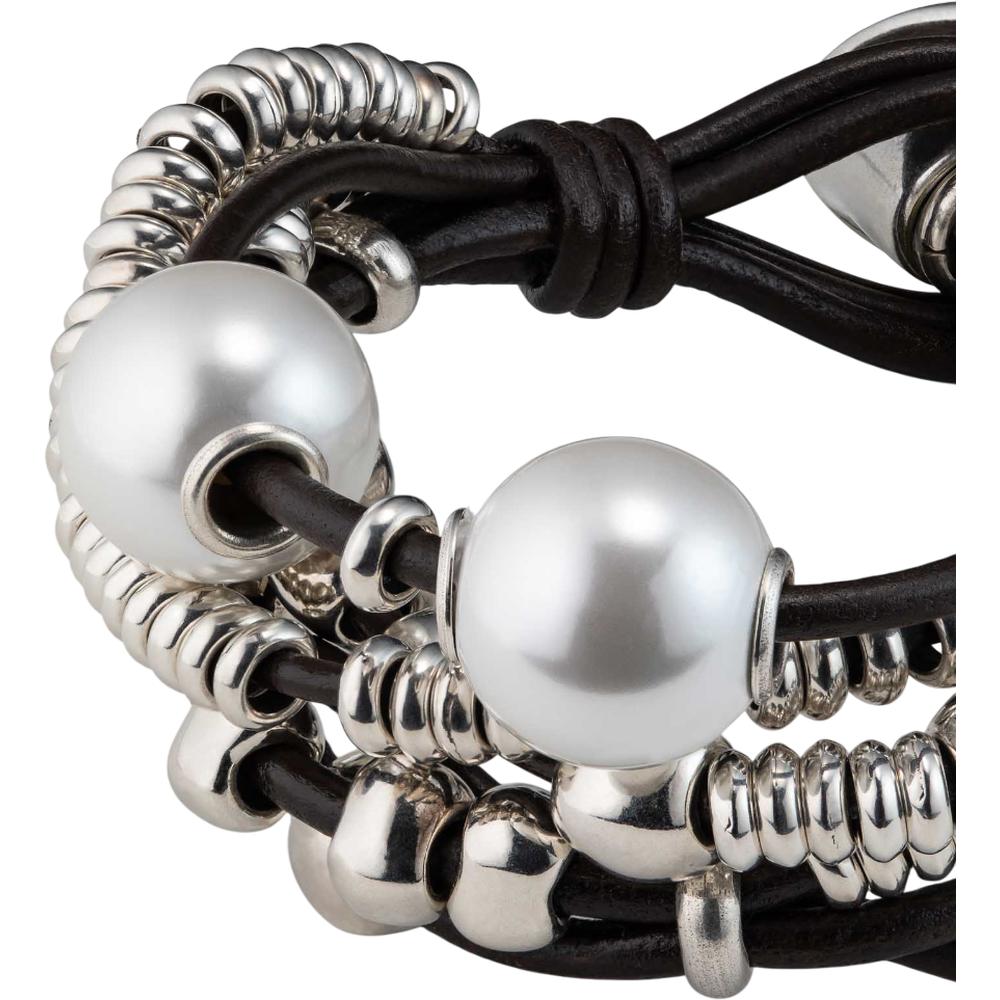 UNOde50 Orion Women's White Pearl Shell Leather Beaded Bracelet in Sterling Silver-Plating over Metal