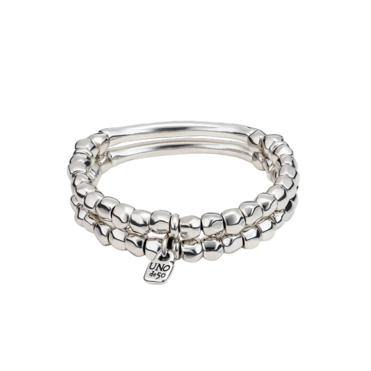 UNOde50 Tandem Unisex Large Tubular Piece Double Strand Beaded Bracelet in Sterling Silver-Plating over Metal