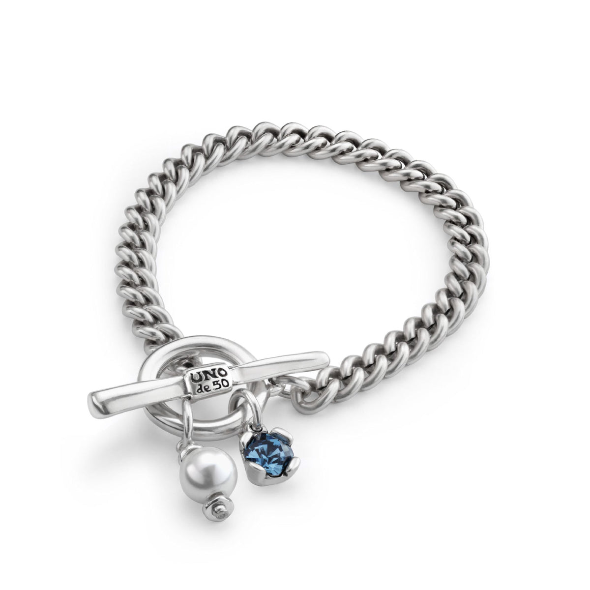 UNOde50 Charismatic Women's 6.2" Blue Silver Faceted Crystal and Pearl Cuben Link Bracelet in Sterling Silver-Plating over Metal