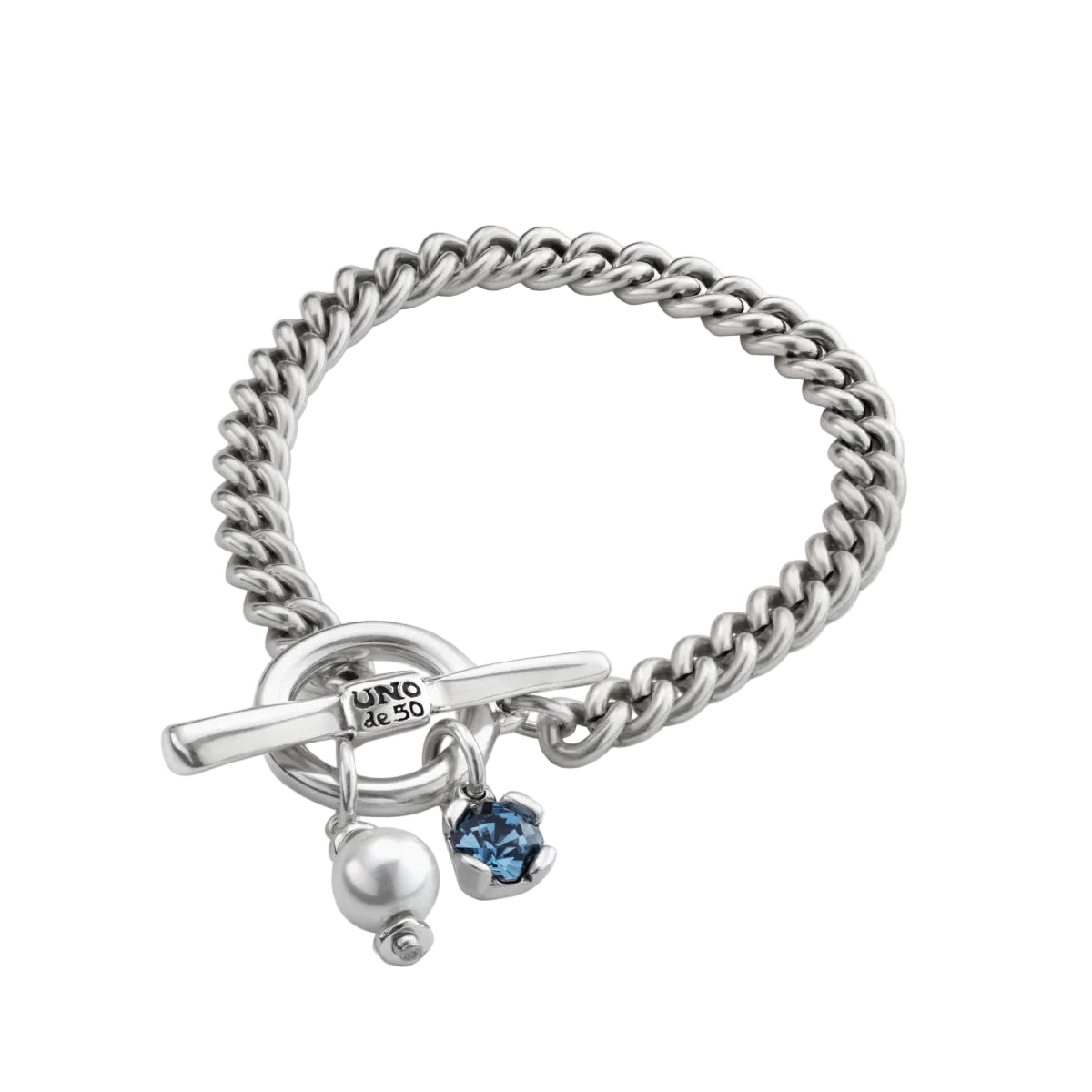 UNOde50 Charismatic Women's 6.2" Blue Silver Faceted Crystal and Pearl Cuben Link Bracelet in Sterling Silver-Plating over Metal